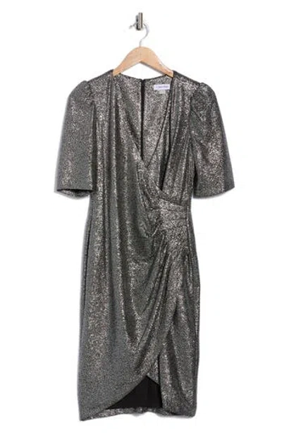 Calvin Klein Metallic Short Sleeve Faux Wrap Dress In Silver