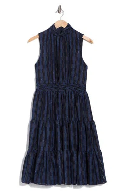 Calvin Klein Metallic Stripe Mock Neck Sleeveless Dress In Indigo