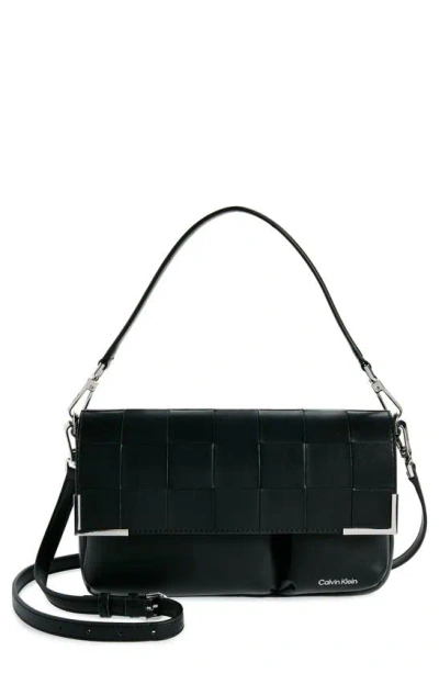 Calvin Klein Mica Woven Shoulder Bag In Black Silver