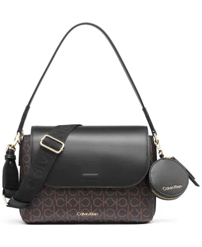 Calvin Klein Millie Signature Flap Convertible Small Shoulder Bag In Brown Khk,blk