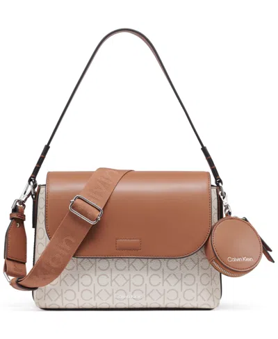Calvin Klein Millie Signature Flap Convertible Small Shoulder Bag In Van Khk,caramel