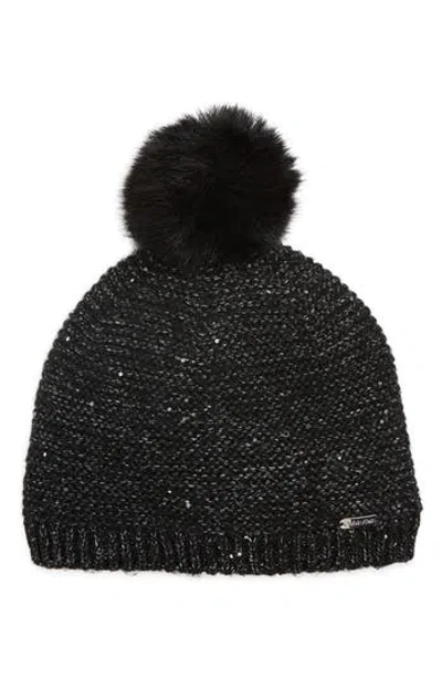 Calvin Klein Mini Sequin Faux Fur Pom Beanie In Black