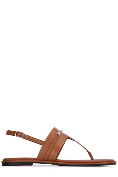 Calvin Klein Plaque Leather Sandals In Brown