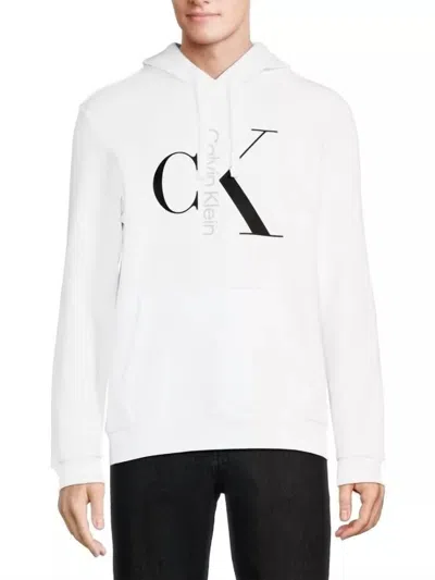 Calvin Klein Mixed Logo Monogram Pullover Hoodie In Brilliant White