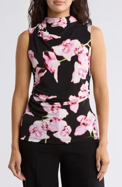 Calvin Klein Mock Neck Sleeveless Draped Top In Black Multi