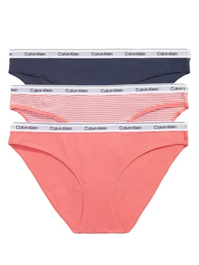 Calvin Klein Modern Logo Bikini 3-pack In Navy,stripe,coral