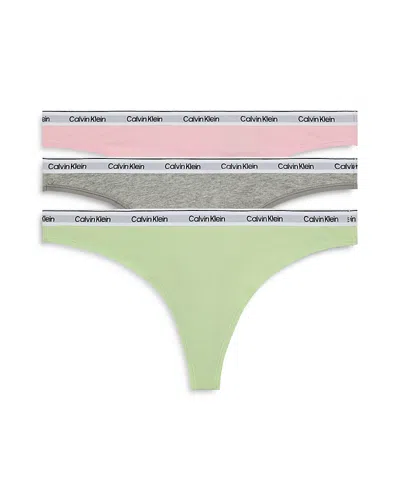 Calvin Klein Women's Modern Logo 3-pack Low Rise Thong In Buff Pink / Grey Heather / Highline Green