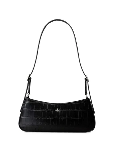Calvin Klein Monogram Croc-effect Shoulder Bag In Black