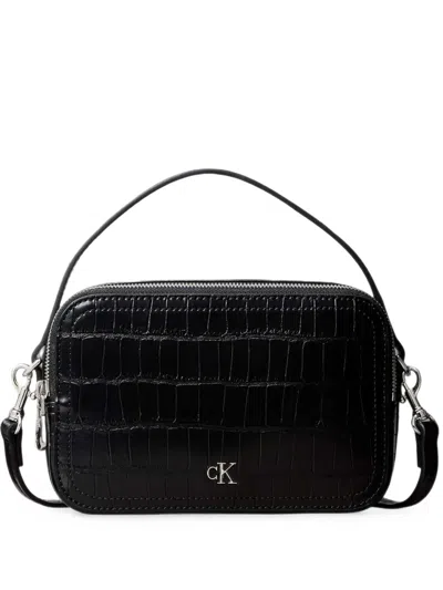 Calvin Klein Monogram Croc-effect Shoulder Bag In Black