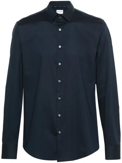 Calvin Klein Monogram-embroidered Cotton Shirt In Blue