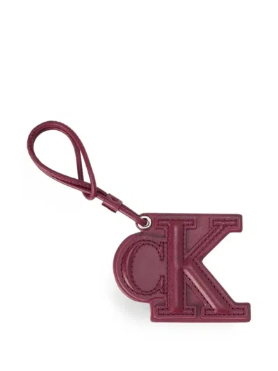 Calvin Klein Monogram Leather Keyring In Burgundy