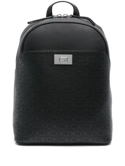 Calvin Klein Monogram-pattern Zipped Backpack In Black