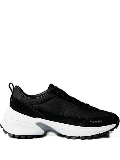 Calvin Klein Monogram-patterned Leather Sneakers In Black