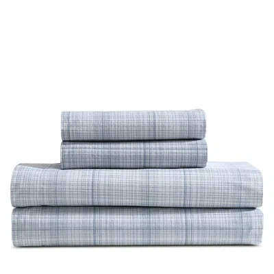 Calvin Klein Multi Grid Washed Cotton Percale 4 Piece Sheet Set, Queen In Blue