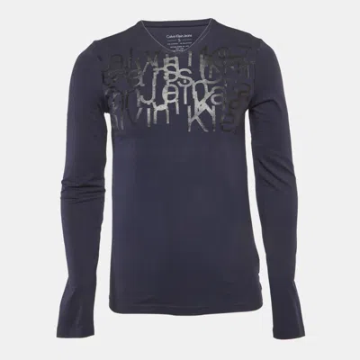 Pre-owned Calvin Klein Navy Blue Printed Jersey V-neck T-shirt S