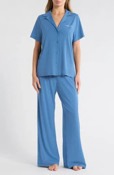 Calvin Klein Notch Collar Knit Pajamas In Blue