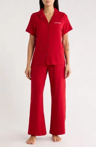 Calvin Klein Notch Collar Knit Pajamas In Red