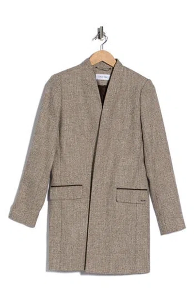 Calvin Klein Open Front Faux Leather Trim Long Blazer In Brown