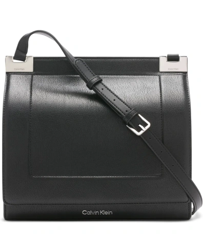 Calvin Klein Palm Double Compartment Flap Crossbody With Accordion Gusset In Black,silver