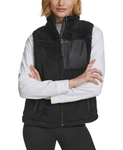Calvin Klein Performance Sherpa Vest Women Black Mock Neck Full Zip Fts602