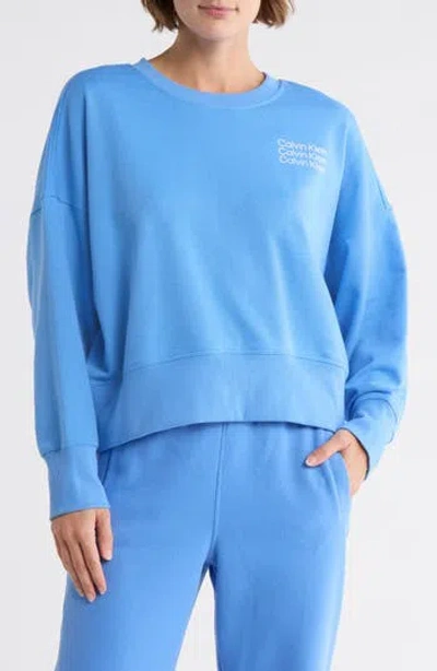 Calvin Klein Performance Triple Logo Cotton Blend Sweatshirt In Blue