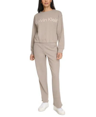 Calvin Klein Performance Women's Flocked-logo Fleece Sweatshirt In Moonrock