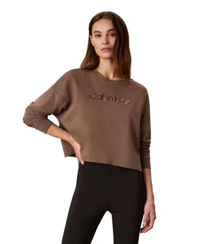 Calvin Klein Performance Women's Icon Sport Shine Graphic Logo Long-sleeve Crewneck Crop T-shirt In Multi