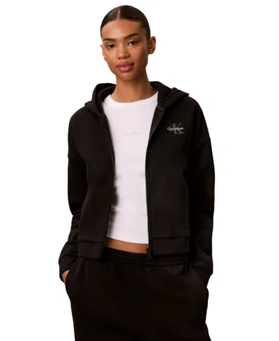Calvin Klein Performance Women's Monogram Brushed French Terry Full-zip Hoodie In Black