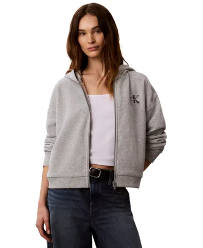 Calvin Klein Performance Women's Monogram Brushed French Terry Full-zip Hoodie In Gray