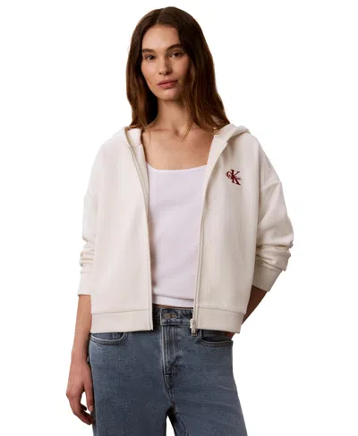 Calvin Klein Performance Women's Monogram Brushed French Terry Full-zip Hoodie In White