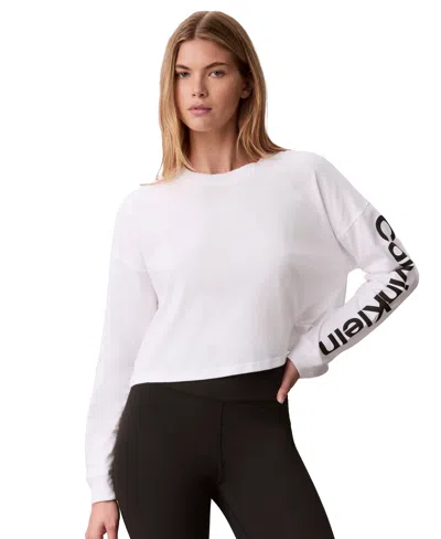 Calvin Klein Performance Women's Puff Graphic Logo Long-sleeve Cropped T-shirt In White