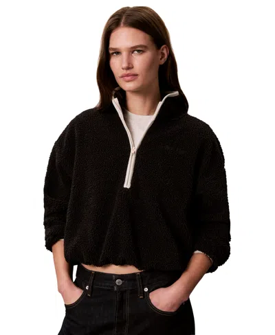 Calvin Klein Performance Women's Sherpa 1/4-zip Mock-neck Pullover In Black