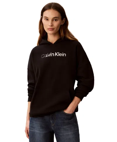 Calvin Klein Performance Women's Shine Logo Fleece Long-sleeve Hoodie In Black