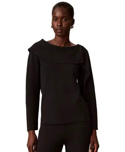 Calvin Klein Petite Asymmetrical Draping Long-sleeve Bateau Neck Sweater In Black