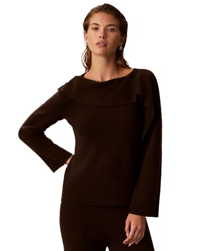 Calvin Klein Petite Asymmetrical Draping Long-sleeve Bateau Neck Sweater In Brown