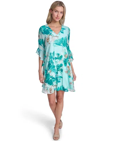 Calvin Klein Petite Bell-sleeve V-neck Trapeze Dress In Blue
