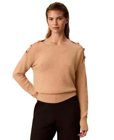 Calvin Klein Petite Boat Neck Long-sleeve Button-shoulder Placket Sweater In Nude