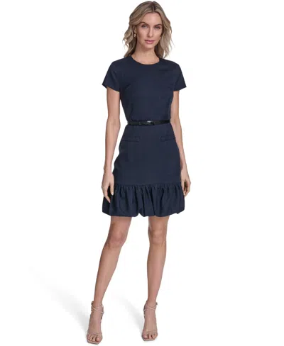 Calvin Klein Petite Bubble Hem Belted Short-sleeve Dress In Blue