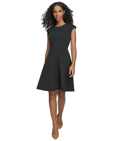 Calvin Klein Petite Cap-sleeve Fit & Flare Dress In Black