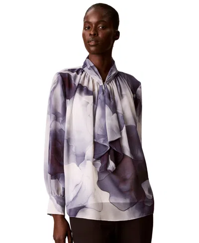 Calvin Klein Petite Chiffon Ruffled-neckline Long-sleeve Blouse In Multi
