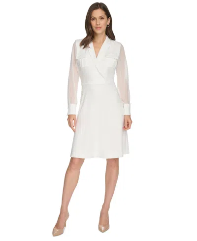 Calvin Klein Petite Chiffon-sleeve Faux-wrap Dress In White