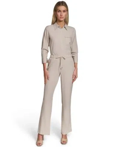Calvin Klein Petite Collared Button Down Blouse Top Pull On Straight Leg Pants In Gray