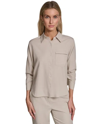 Calvin Klein Petite Collared Button-down Blouse Top In Neutral