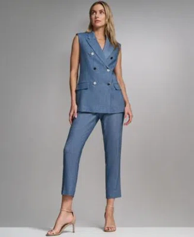 Calvin Klein Petite Collared Front Button Vest High Waisted Modern Fit Pants In Blue