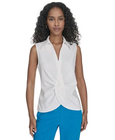 Calvin Klein Petite Collared Twist-front Sleeveless Shirt In White