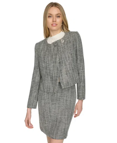 Calvin Klein Petite Collarless Long-sleeve Cropped Jacket In Black,cream