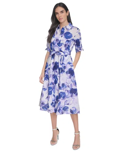 Calvin Klein Petite Cotton Floral-print Shirtdress In Opal Multi