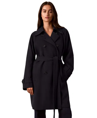 Calvin Klein Petite Double-breasted Belted Trench Coat In Blue