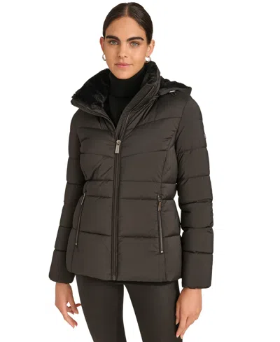 Calvin Klein Petite Faux-fur-lined Hooded Puffer Coat In Black
