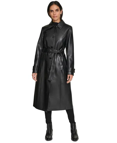 Calvin Klein Petite Faux-leather Trench Coat In Black